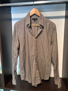 Barney’s New York Men's Tan/Brown Micro-Check Button-Down Shirt
